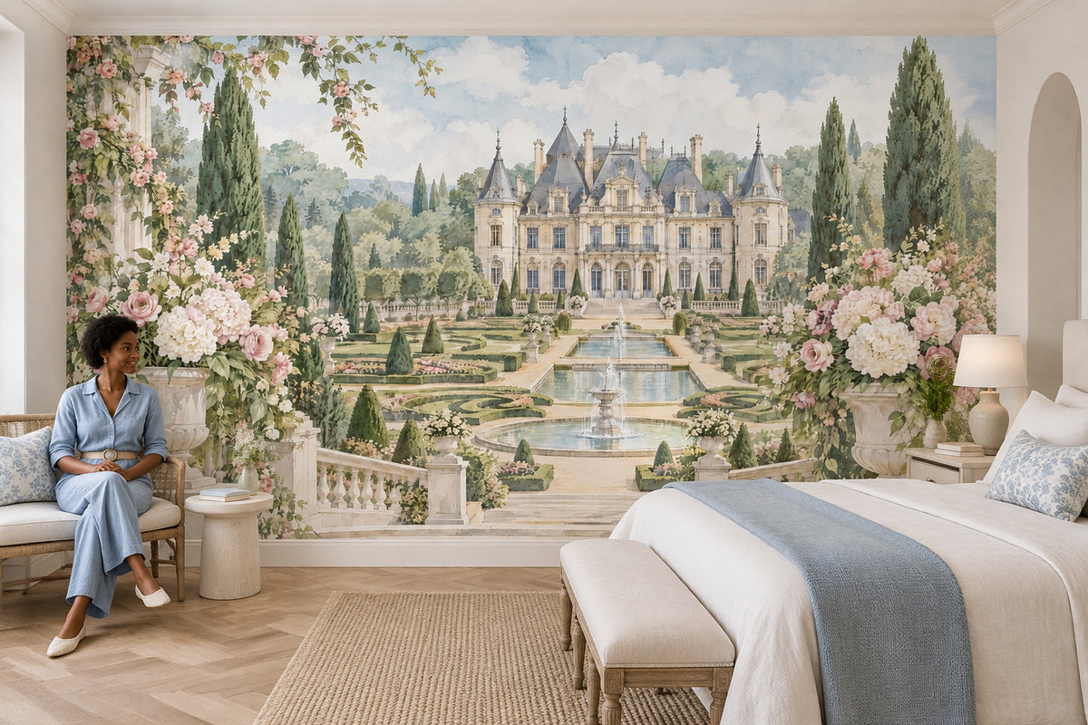 French Chateau Garden Wallpaper Mural Watercolor Pastel With Fountains