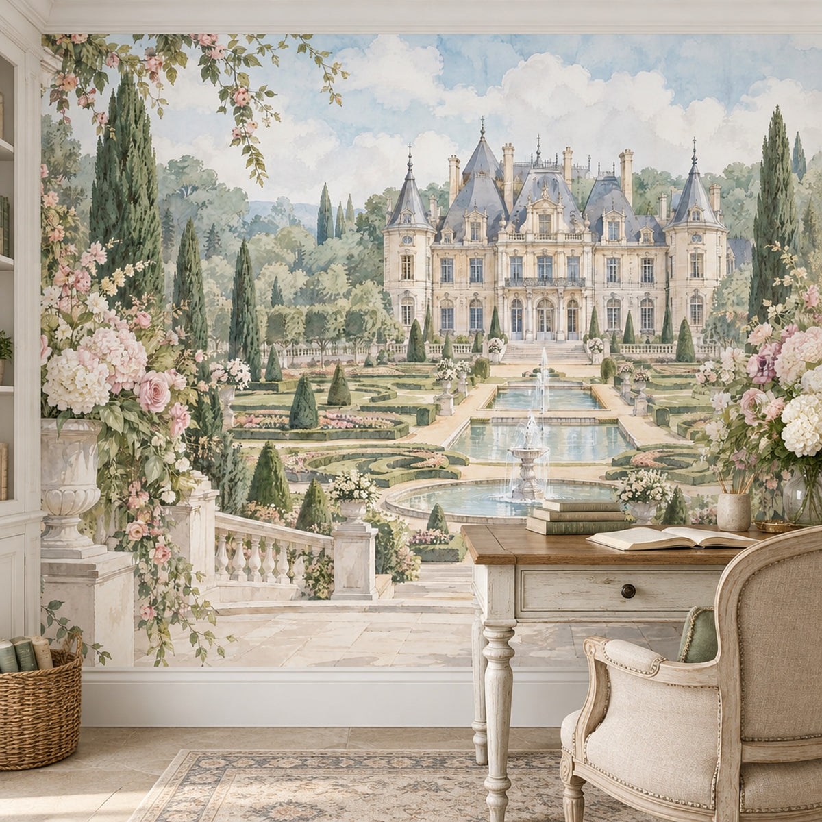 French Chateau Garden Wallpaper Mural Watercolor Pastel With Fountains