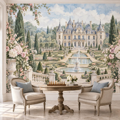 French Chateau Garden Wallpaper Mural Watercolor Pastel With Fountains