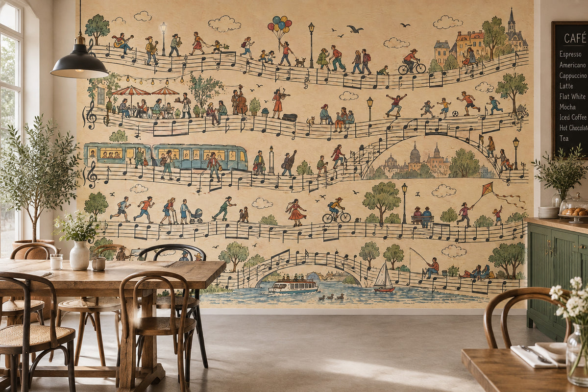 Music Notes European City Wallpaper Mural Vintage Inspired Illustration