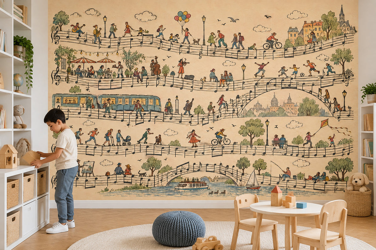 Music Notes European City Wallpaper Mural Vintage Inspired Illustration