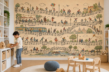 Music Notes European City Wallpaper Mural Vintage Inspired Illustration