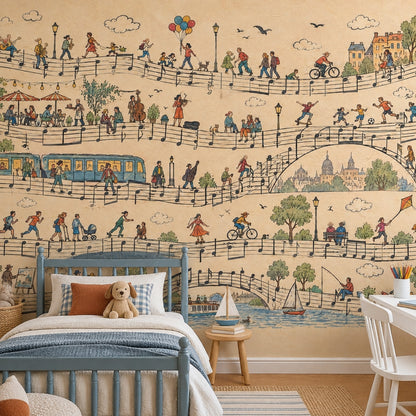 Music Notes European City Wallpaper Mural Vintage Inspired Illustration