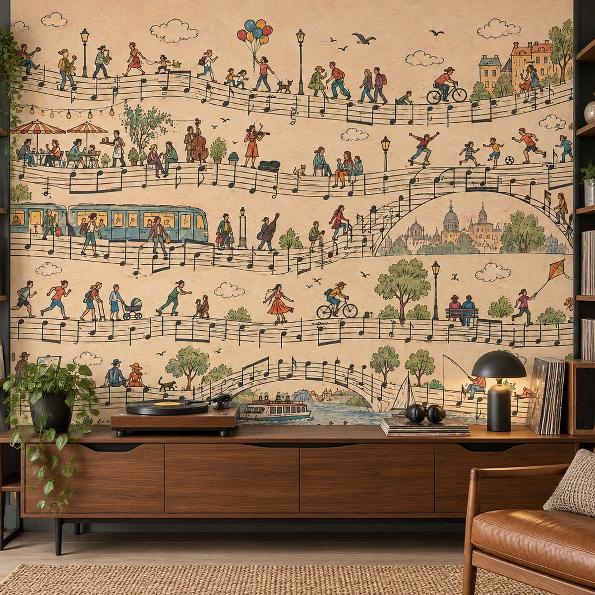 Music Notes European City Wallpaper Mural Vintage Inspired Illustration