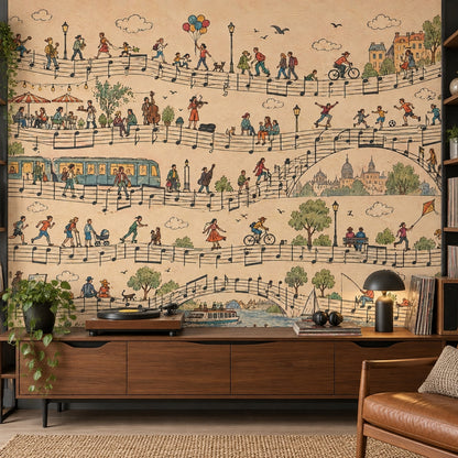 Music Notes European City Wallpaper Mural Vintage Inspired Illustration