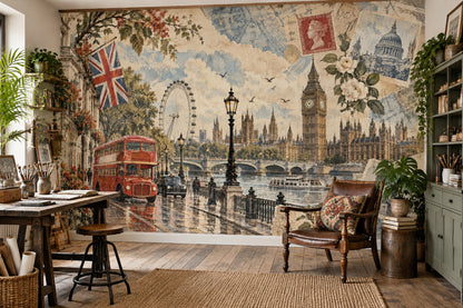 London Cityscape Wallpaper Mural Vintage Inspired Postcard Collage