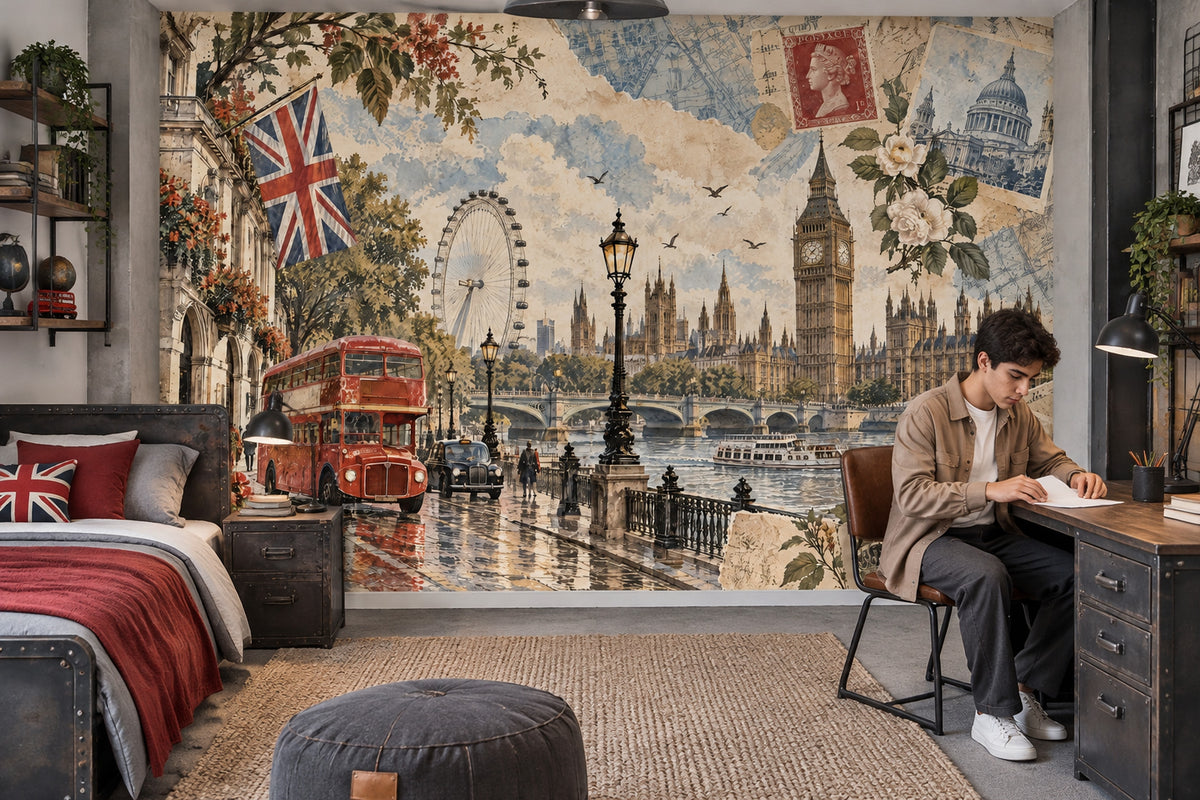London Cityscape Wallpaper Mural Vintage Inspired Postcard Collage