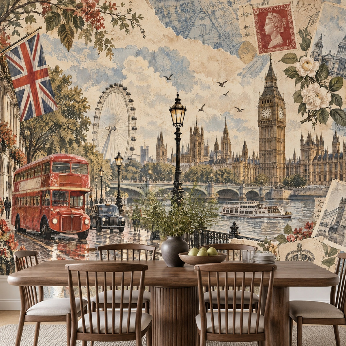 London Cityscape Wallpaper Mural Vintage Inspired Postcard Collage