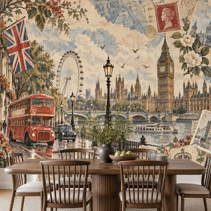 London Cityscape Wallpaper Mural Vintage Inspired Postcard Collage