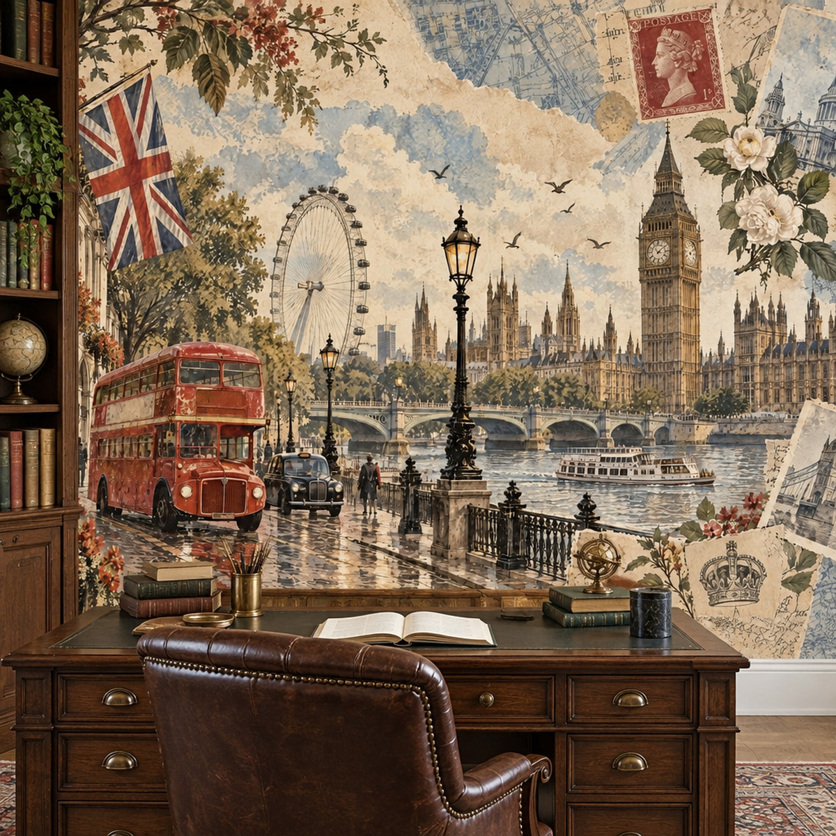 London Cityscape Wallpaper Mural Vintage Inspired Postcard Collage