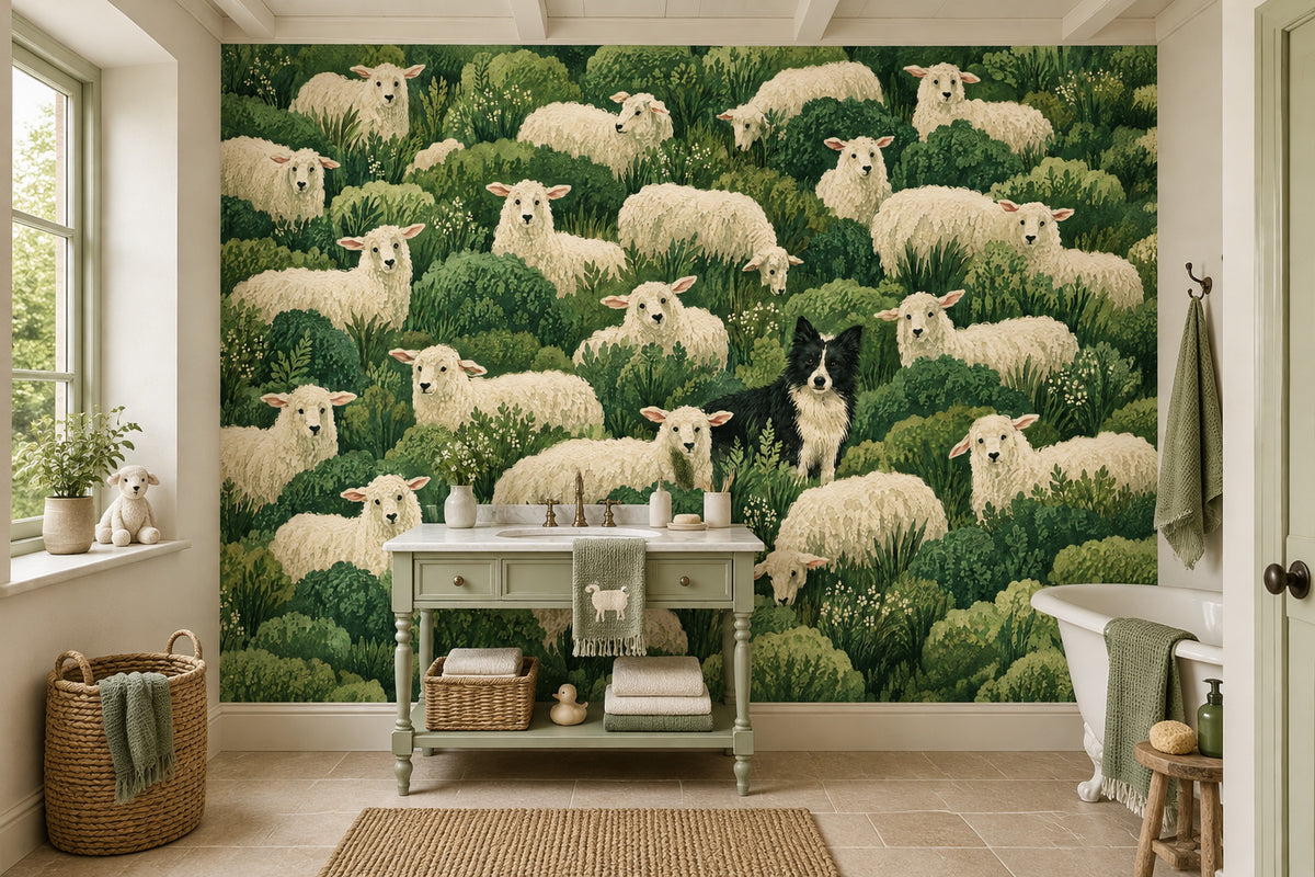 Sheep And Border Collie Wallpaper Mural Watercolor Green Foliage