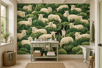 Sheep And Border Collie Wallpaper Mural Watercolor Green Foliage