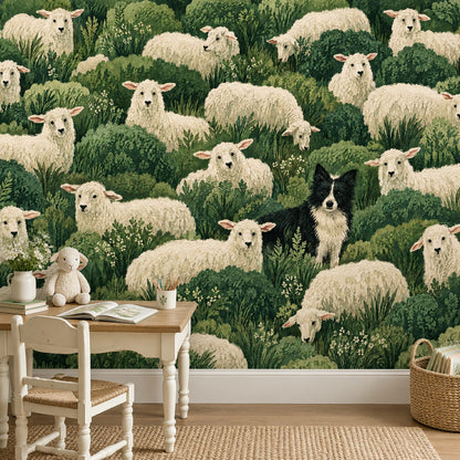 Sheep And Border Collie Wallpaper Mural Watercolor Green Foliage