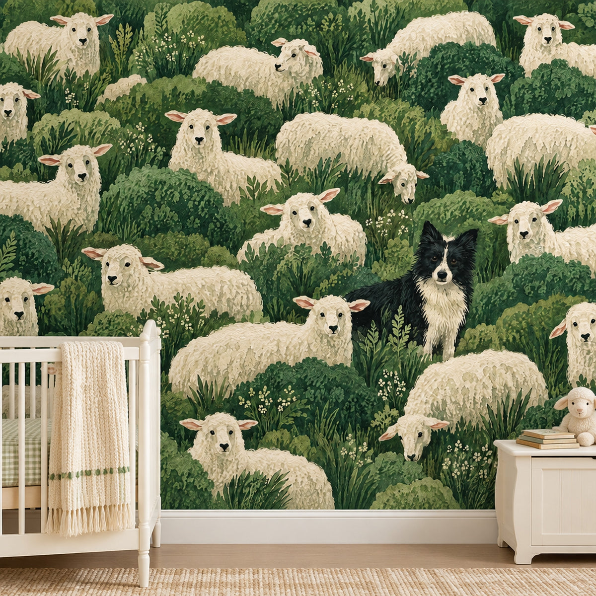 Sheep And Border Collie Wallpaper Mural Watercolor Green Foliage