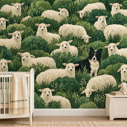 Sheep And Border Collie Wallpaper Mural Watercolor Green Foliage
