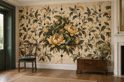 Coiled Snake Wallpaper Mural In Emerald And Gold Ornate Damask