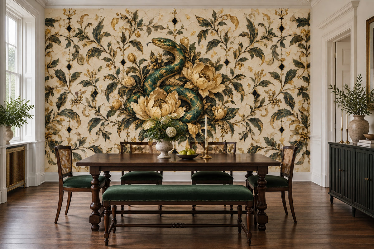 Coiled Snake Wallpaper Mural In Emerald And Gold Ornate Damask