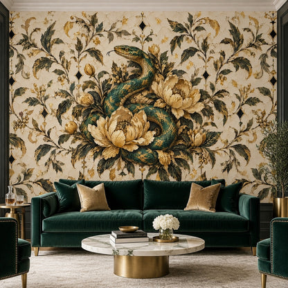 Coiled Snake Wallpaper Mural In Emerald And Gold Ornate Damask