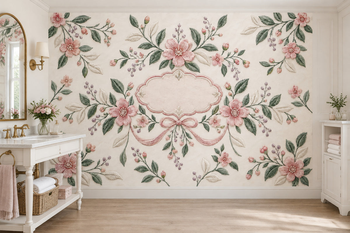 Embroidered Pink Flowers Wallpaper Mural Cream Vintage Inspired Frame