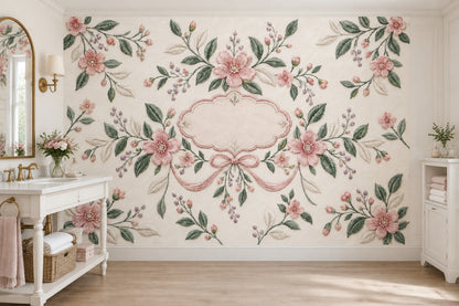 Embroidered Pink Flowers Wallpaper Mural Cream Vintage Inspired Frame