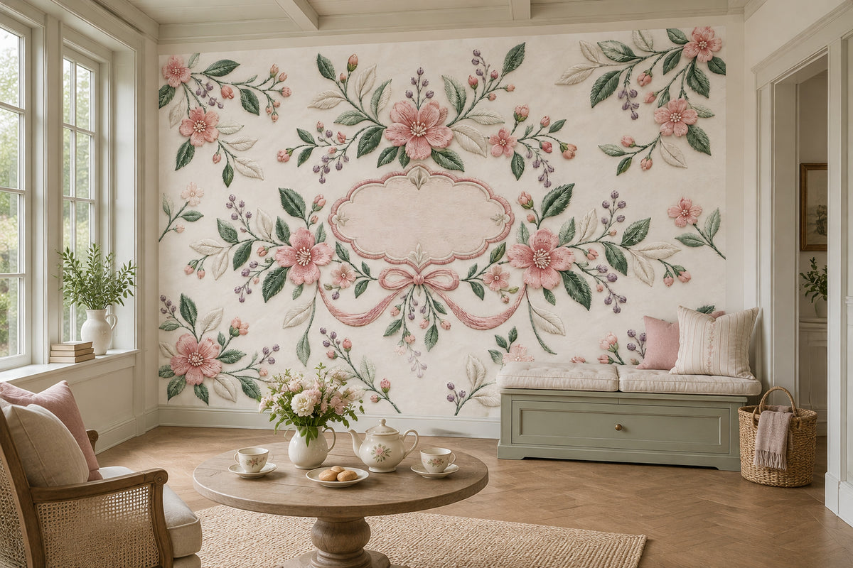 Embroidered Pink Flowers Wallpaper Mural Cream Vintage Inspired Frame