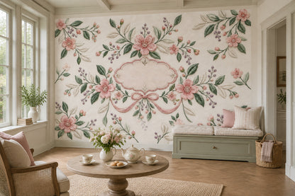 Embroidered Pink Flowers Wallpaper Mural Cream Vintage Inspired Frame