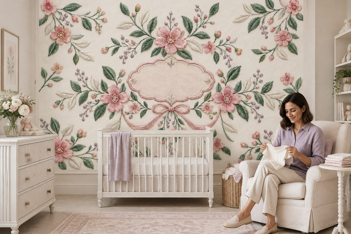 Embroidered Pink Flowers Wallpaper Mural Cream Vintage Inspired Frame