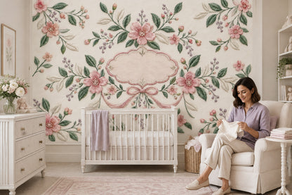Embroidered Pink Flowers Wallpaper Mural Cream Vintage Inspired Frame