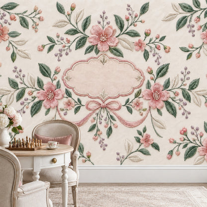 Embroidered Pink Flowers Wallpaper Mural Cream Vintage Inspired Frame