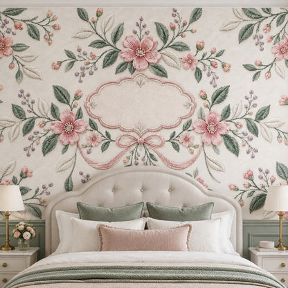 Embroidered Pink Flowers Wallpaper Mural Cream Vintage Inspired Frame