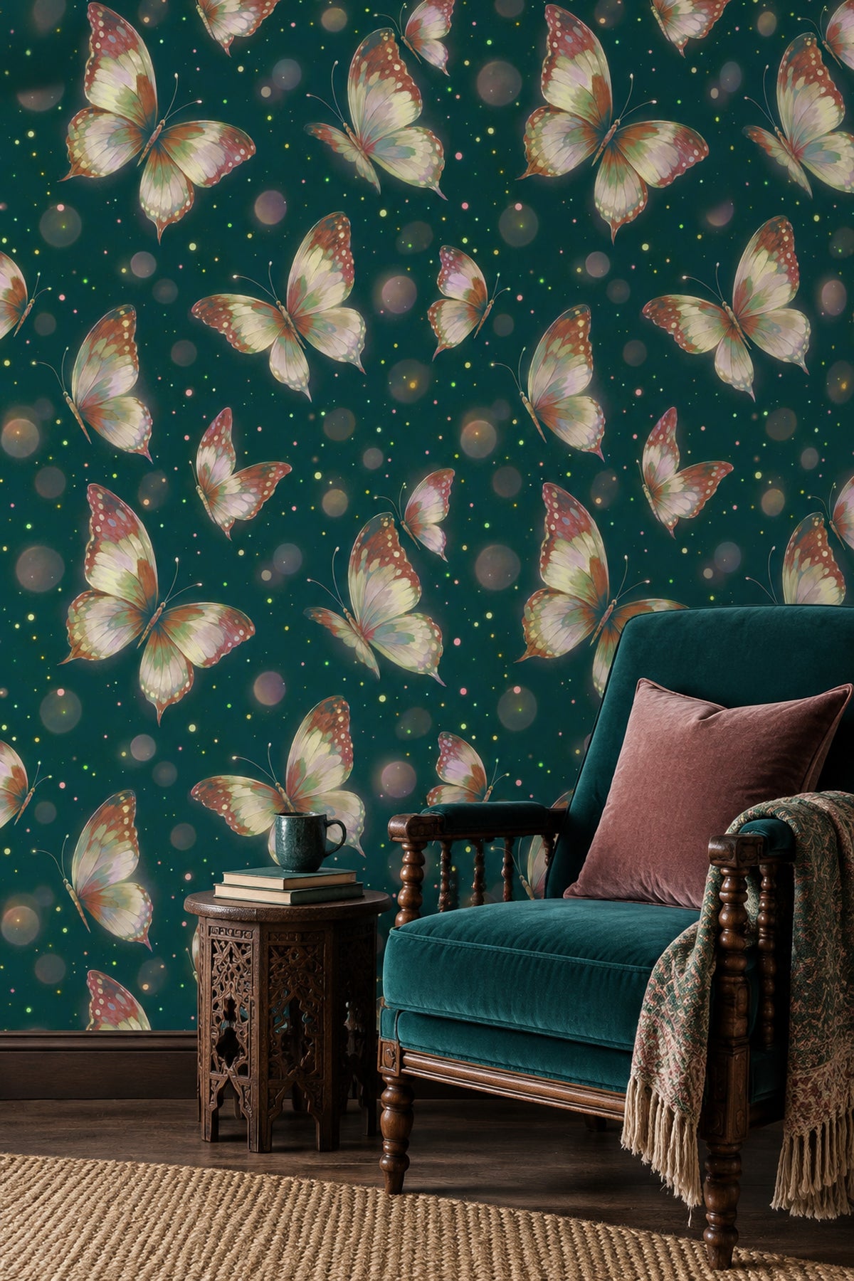 Flying Butterflies Wallpaper Dark Teal Background With Bokeh Glow
