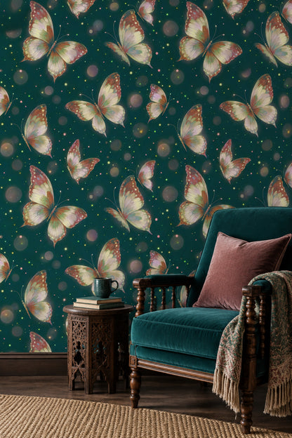 Flying Butterflies Wallpaper Dark Teal Background With Bokeh Glow