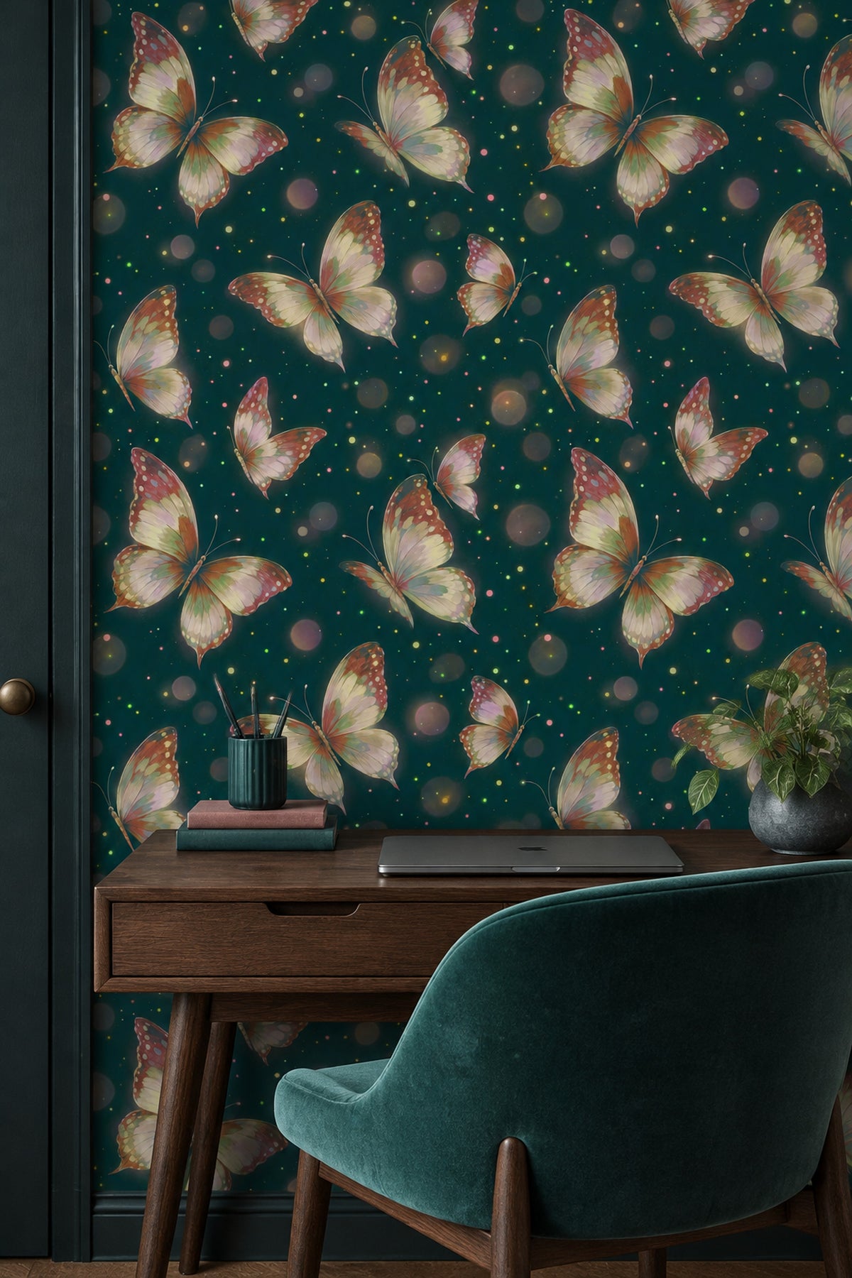 Flying Butterflies Wallpaper Dark Teal Background With Bokeh Glow