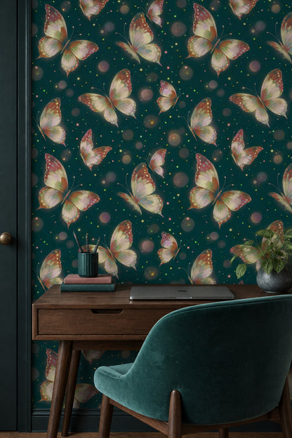 Flying Butterflies Wallpaper Dark Teal Background With Bokeh Glow