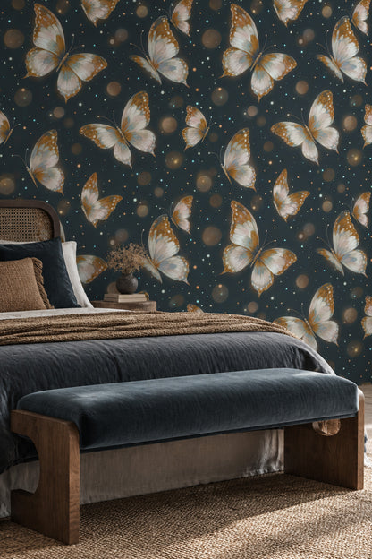 Butterflies Wallpaper Navy Background With Gold Accents