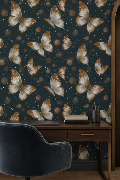 Butterflies Wallpaper Navy Background With Gold Accents