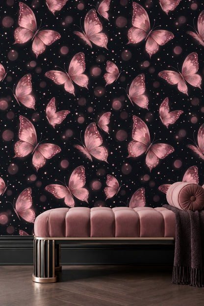 Pink Butterflies Wallpaper Black Background With Bokeh Dots