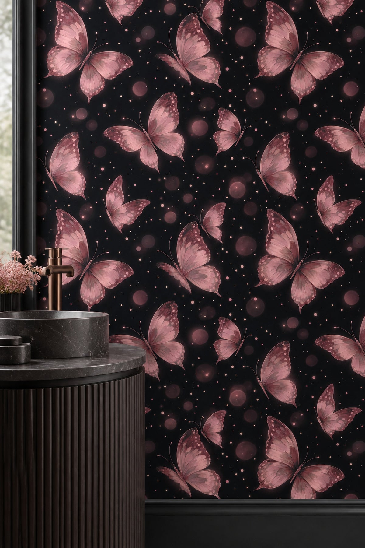 Pink Butterflies Wallpaper Black Background With Bokeh Dots