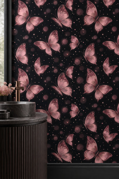 Pink Butterflies Wallpaper Black Background With Bokeh Dots