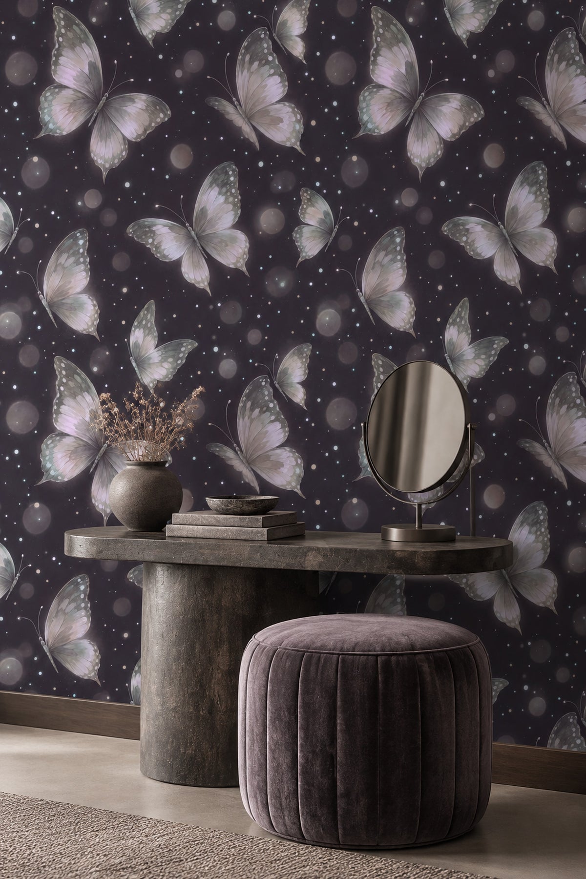 Watercolor Butterflies Wallpaper Night Sky Navy With Bokeh Glow
