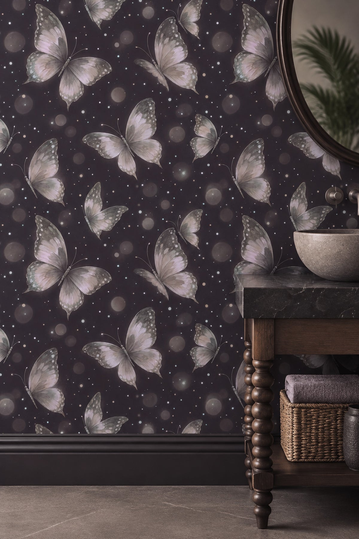Watercolor Butterflies Wallpaper Night Sky Navy With Bokeh Glow
