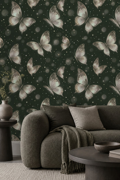 Ethereal Butterflies Wallpaper Forest Green Bokeh Glow