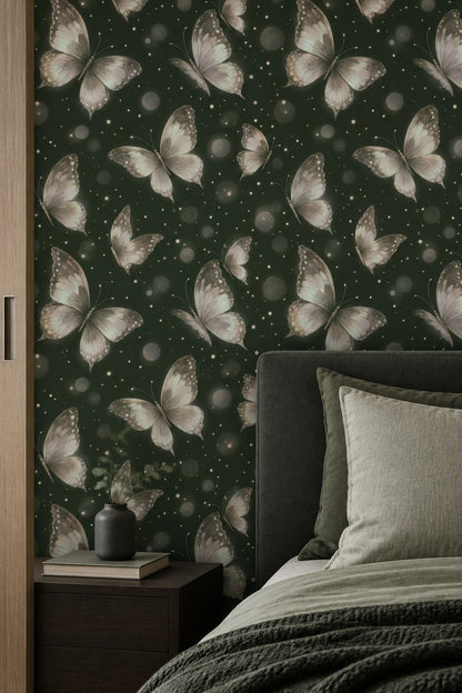 Ethereal Butterflies Wallpaper Forest Green Bokeh Glow