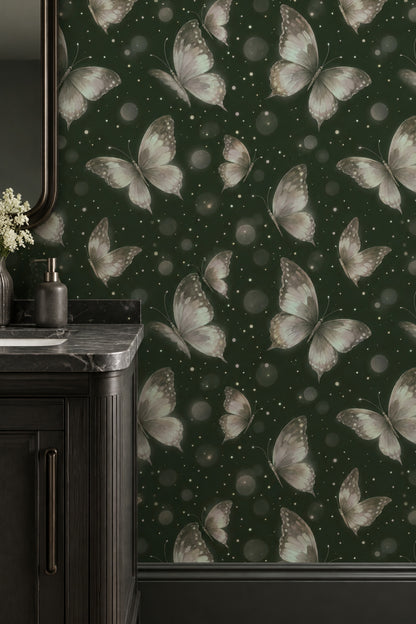 Ethereal Butterflies Wallpaper Forest Green Bokeh Glow