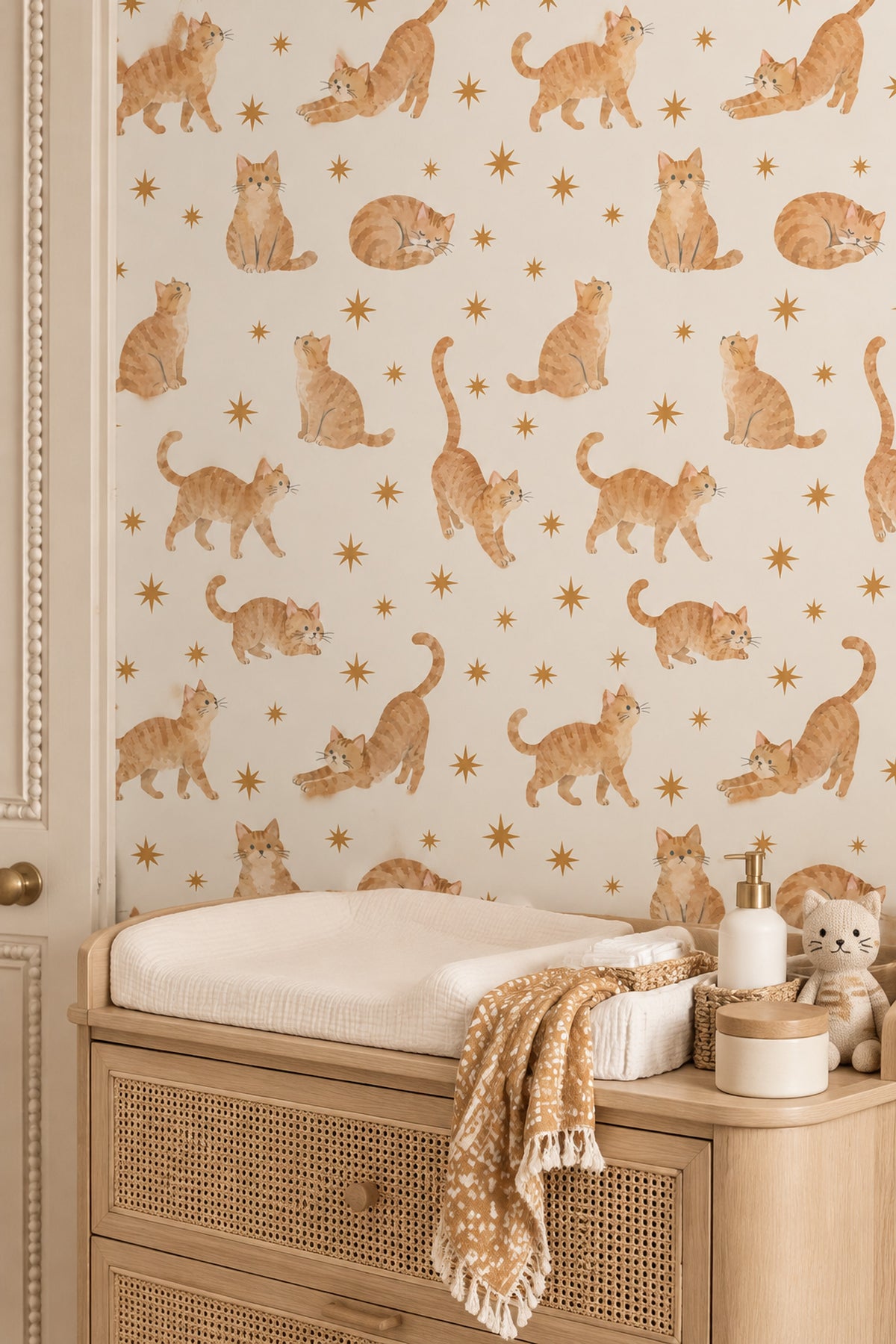 Watercolor Tabby Cats Wallpaper On Cream Background With Gold Stars