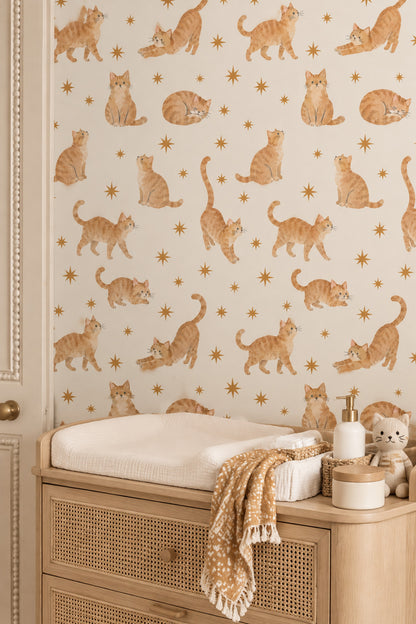 Watercolor Tabby Cats Wallpaper On Cream Background With Gold Stars