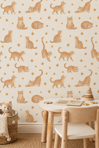 Watercolor Tabby Cats Wallpaper On Cream Background With Gold Stars