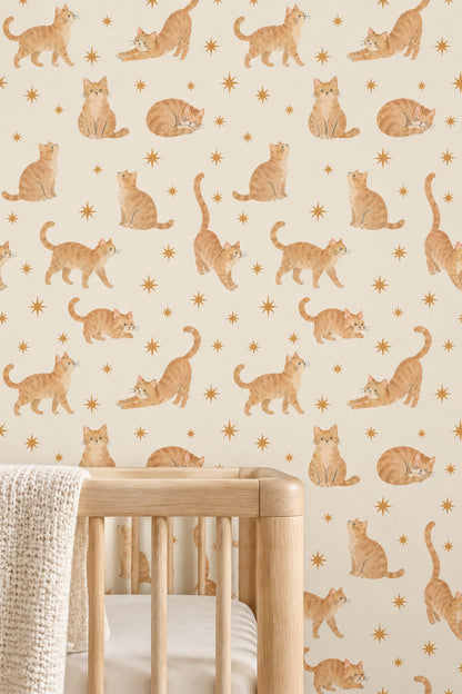 Watercolor Tabby Cats Wallpaper On Cream Background With Gold Stars