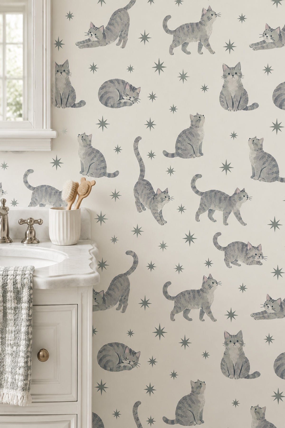 Watercolor Tabby Cats Wallpaper Starburst Motif On Cream