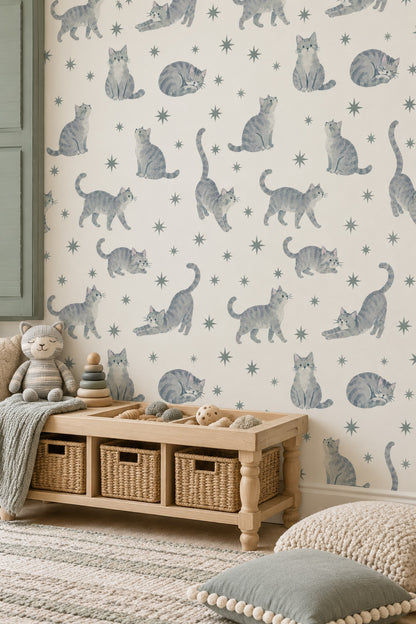 Watercolor Tabby Cats Wallpaper Starburst Motif On Cream